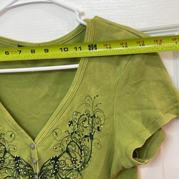 •APT. 9• embellished green henley-style tee // butterfly // sparkle studs - Picture 1 of 13